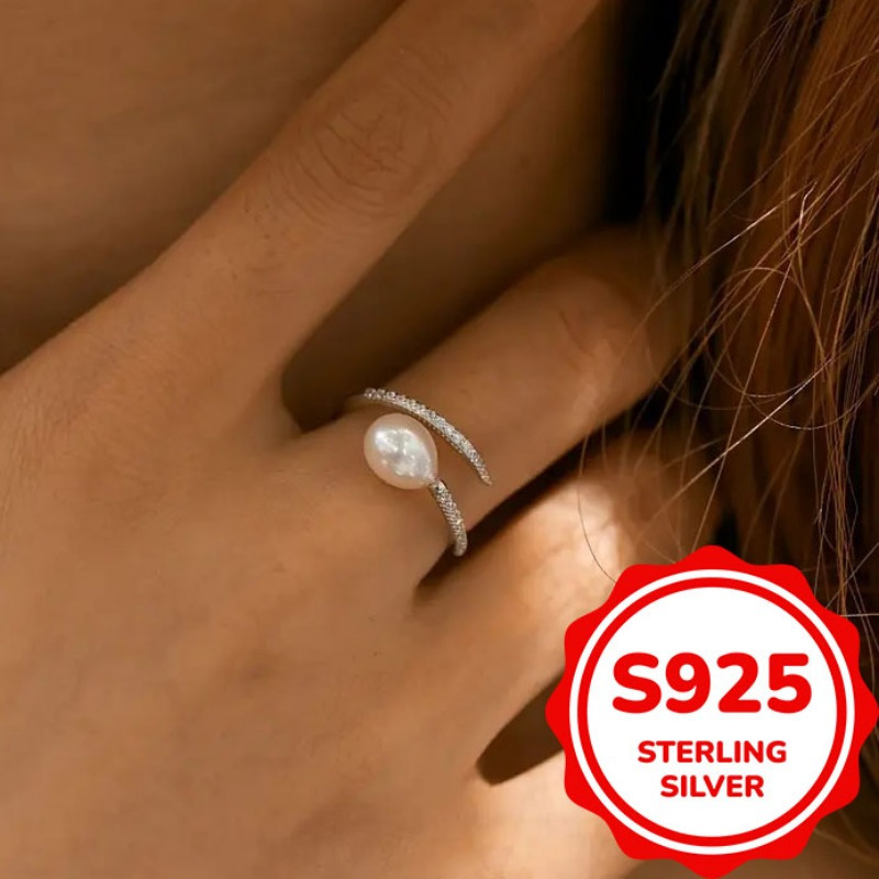 Women's S925 Silver Teardrop Pearl Adjustable Ring